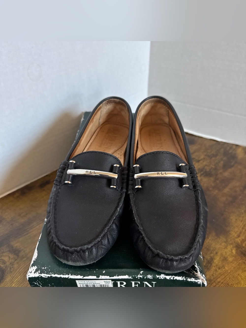 Ladies Ralph Lauren Driving Shoes Loafers Caliana Black Silver Nappa Leather 6B